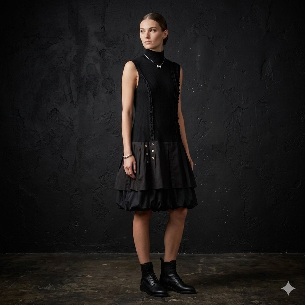Boo Radley Australia Black dress Ribbed Knit Mock Neck Mini Dress bubble hem XL